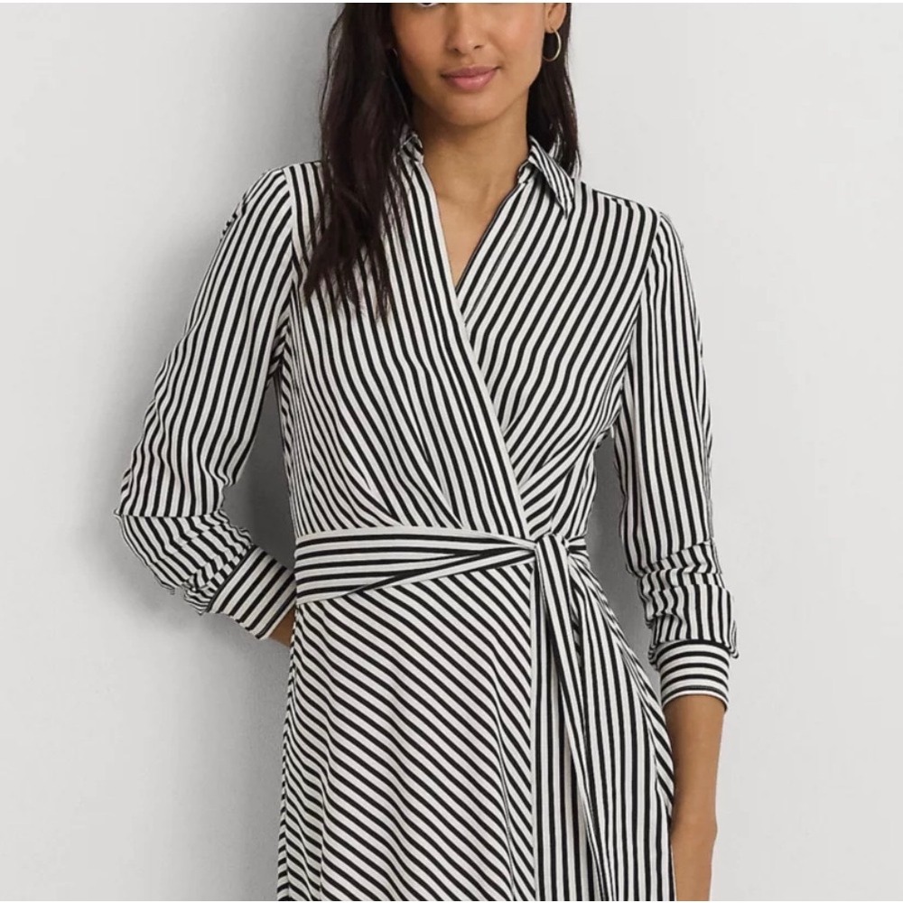 Lauren Ralph Lauren Black White Striped Long Sleeve Wrap Midi Dress Collared - Picture 3 of 4